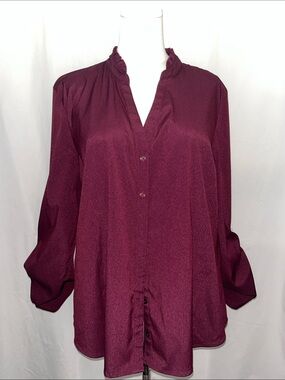 Elle Burgundy Ruffle-Neck Button Down Blouse